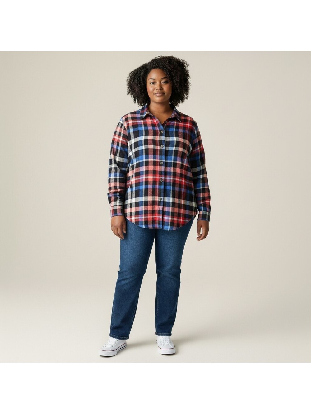 Woman Within Shirt Women 4X Plus Black Plaid Button Up Collared Long Sleeve